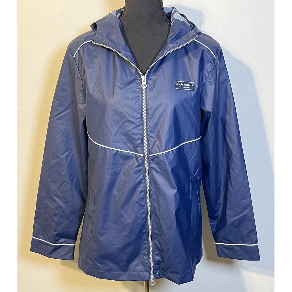 Simply Southern Jacket Womens Small Blue Hooded‎ Raincoat Seashell Print Lining